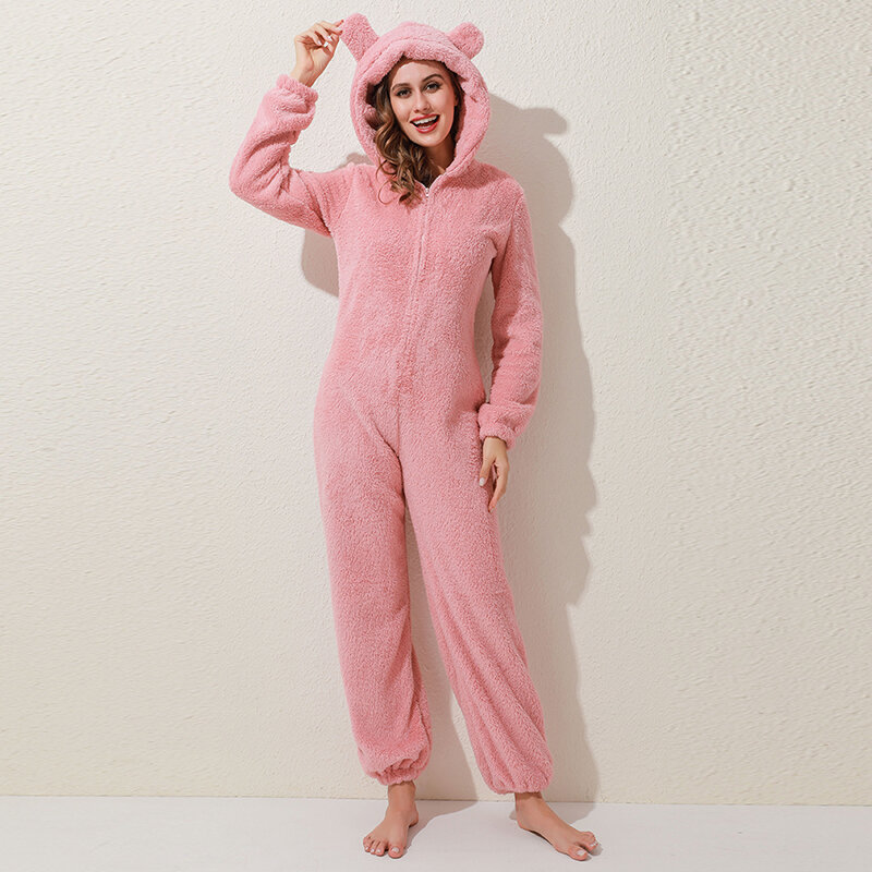 Macacão de pelúcia feminino outono inverno flanela pijamas de manga longa com zíper alto pescoço chapéu manter quente roupas da menina pijamas homewear