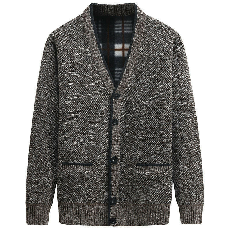Sweter Pria Kardigan V-neck Bulu Plus Mantel Sweter Kasual Ukuran Plus Hangat untuk Pria Pakaian Jalanan Musim Gugur Musim Dingin