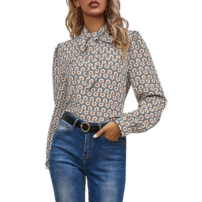 Efinny 2021 casual blusa de manga longa topo elegante gola borboleta impressão blusas femininas senhora do escritório blusas