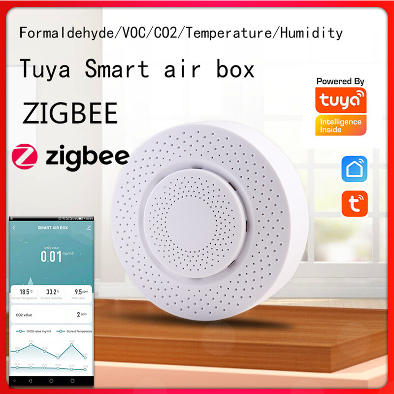 Tuya-caja de aire inteligente Zigbee 3,0, Sensor de temperatura y humedad, formaldehído VOC CO2, alarma en tiempo Real, protección de seguridad