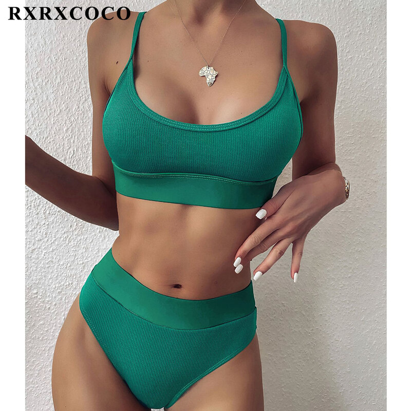 Rxrxcoco Badmode Vrouwen 2021 Geribbelde Badpak Vrouwelijke Push Up Bikini Set Biquini Beachwear Hoge Taille Bikini Vrouwen Badpak
