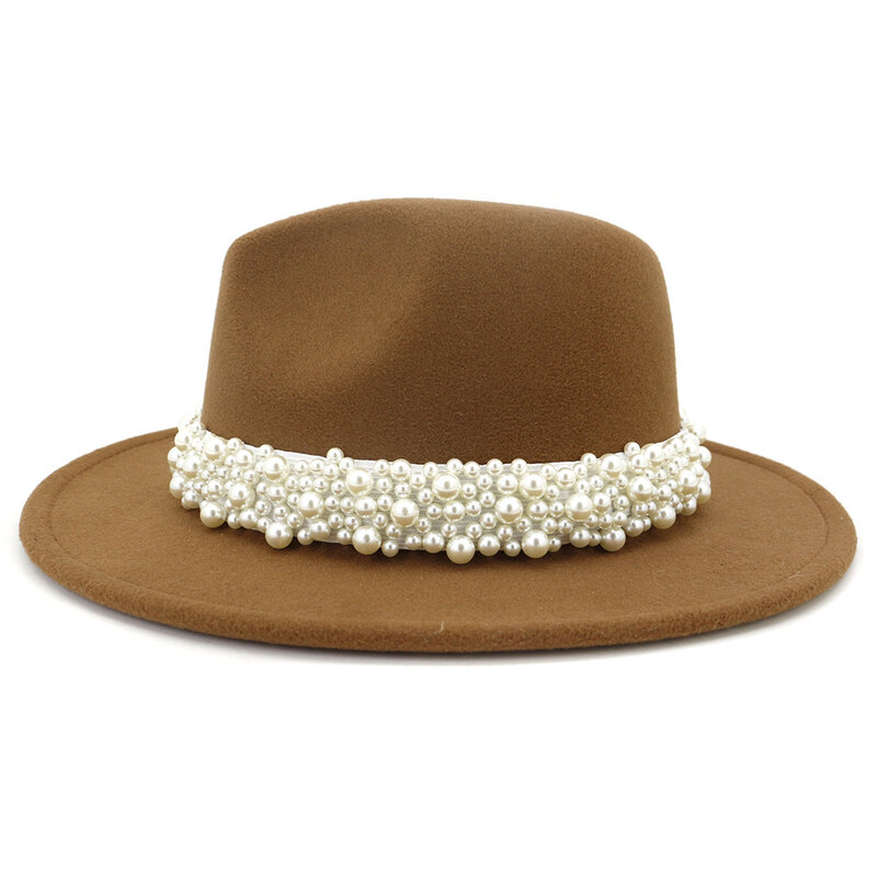 QBHAT-Sombrero de fieltro de imitación de lana de ala ancha para mujer, sombrero de Fedora de imitación de lana, fiesta de Iglesia, vestido femenino, decoración de cinta de perlas, blanco, 2020