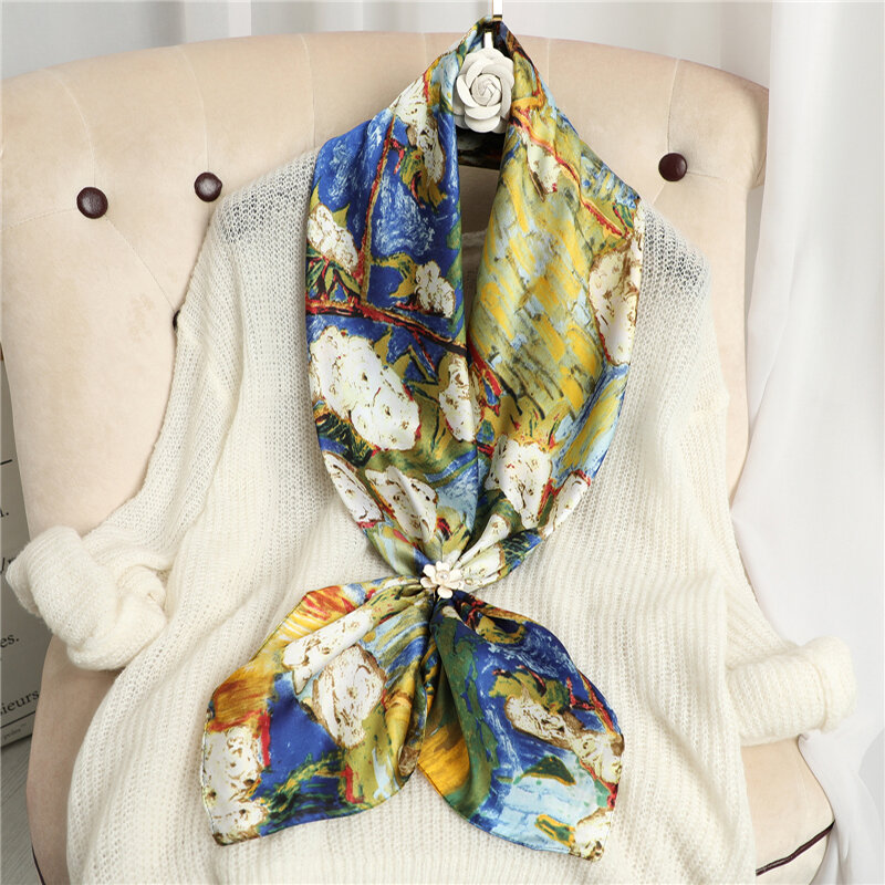 Женская атласная шелковая бандана, квадратная шаль с цветочным принтом, 90x90 см