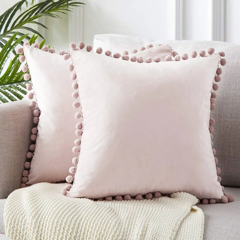 Housse de coussin en velours doux, taie d'oreiller décorative avec pompon, vert, bleu, gris, rose, solide, pour canapé, 45x45cm