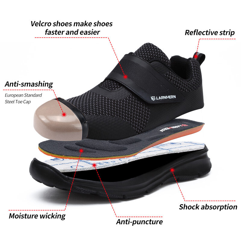 LARNMERN Sepatu Kerja Sepatu Pria Baja Kaki Sepatu Keselamatan Pelindung Konstruksi Ringan Shockproof Sepatu Hook & Loop Sepatu Safety