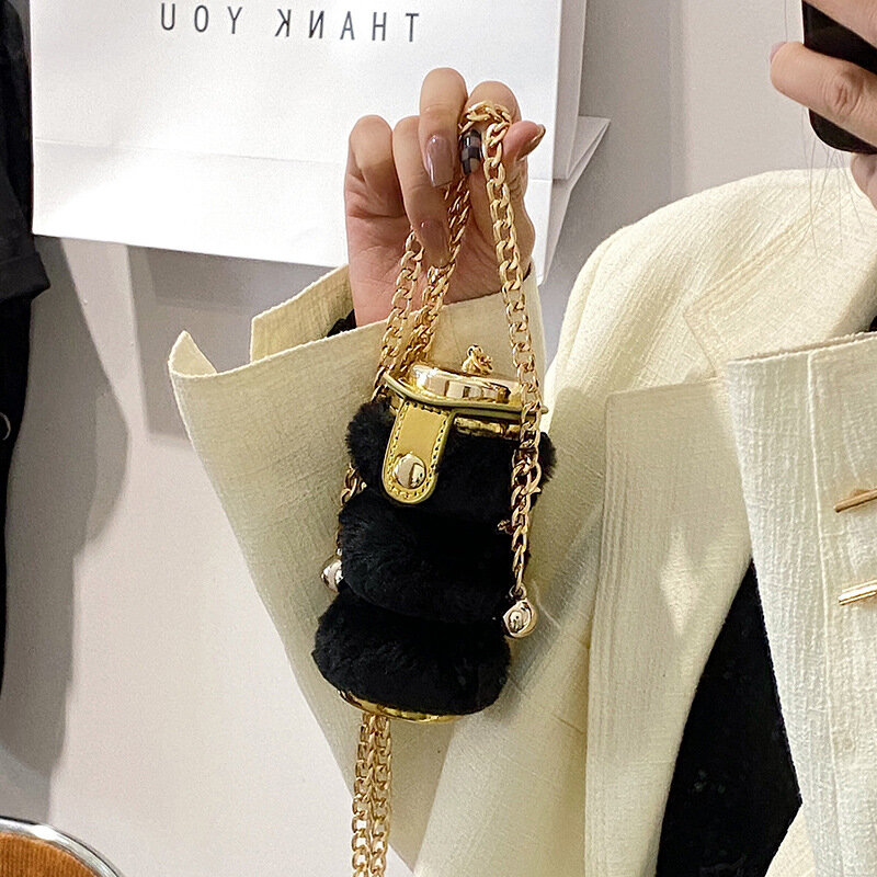 Bolso pequeño de lujo con forma de barril para mujer, Mini bolsa cruzada de felpa con pintalabios, para fiesta, invierno, 2021