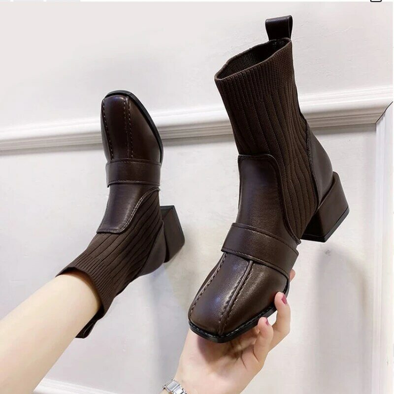 Fashion Women  Square Head Sewing Thick Heel 2021 New Sleeve Elastic Socks Splicing Fashion Versatile Winter Boots   KZ026