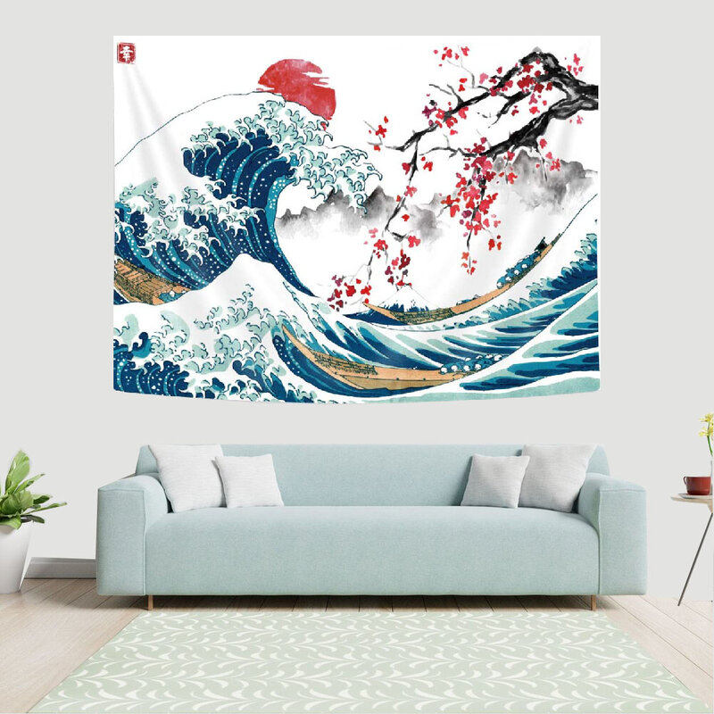 Ffo tapeçaria de parede japonesa, tapeçaria de paisagem de kanagawa, anime asiático, montagem do sol vermelho, flor de cerejeira, ioga, fornecimento doméstico