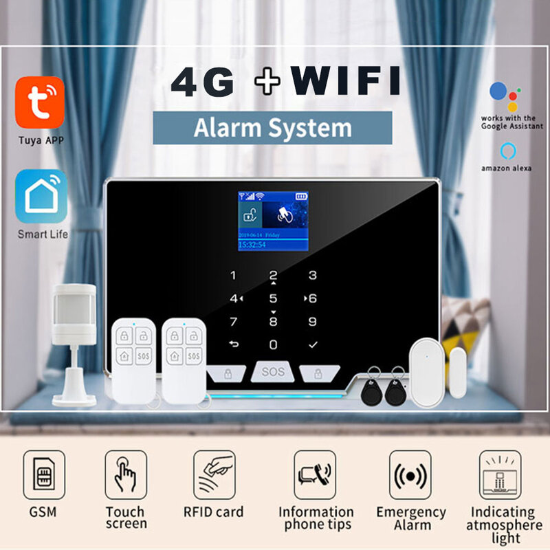 Système d'alarme de sécurité domestique sans fil, wi-fi, 3G/4G, 433Mhz, contrôle des applications, barres lumineuses colorées, fonctionne avec Alexa et Google