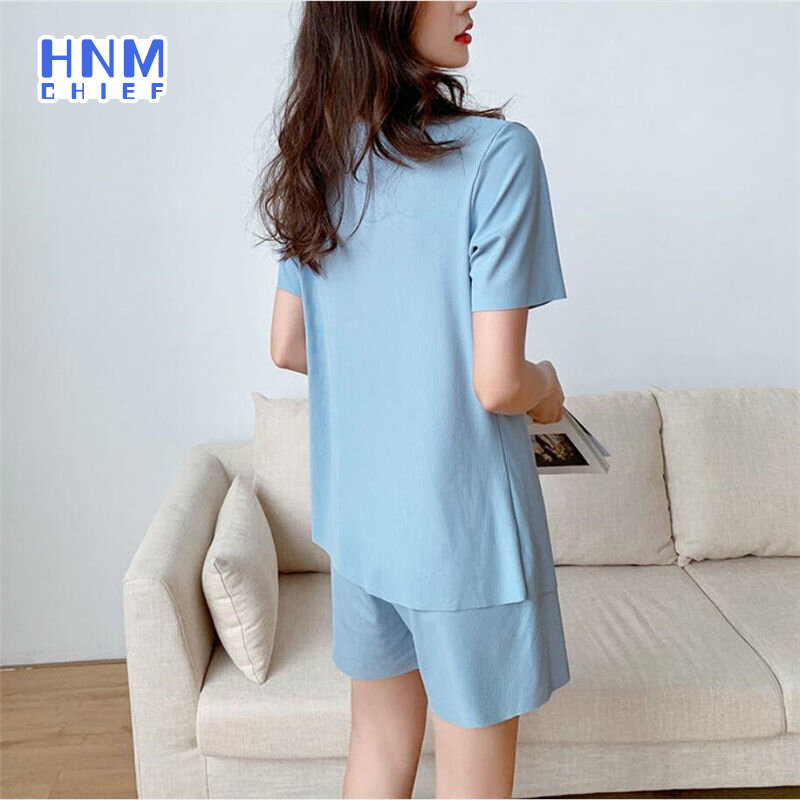 HNMCHIEF Set Piyama Musim Panas Biru Piyama Sutra Es Wanita Pakaian Tidur Pakaian Tidur Piyama Mujer Celana Sepanjang Betis 2 Potong Pakaian Rumah