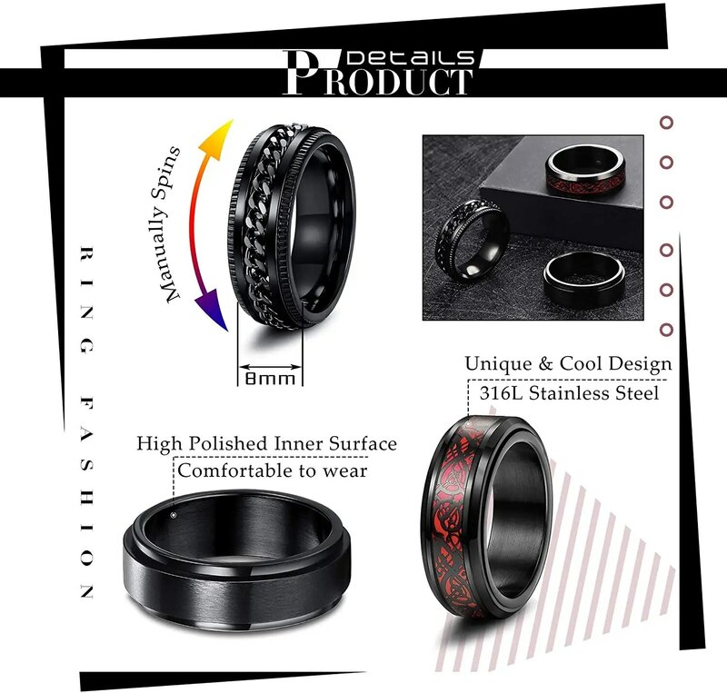Модное черное обручальное кольцо из нержавеющей стали черная стальная цепочка для мужчин и женщин кельтский Дракон инкрустированное красное углеродное волокно обручальное кольцо