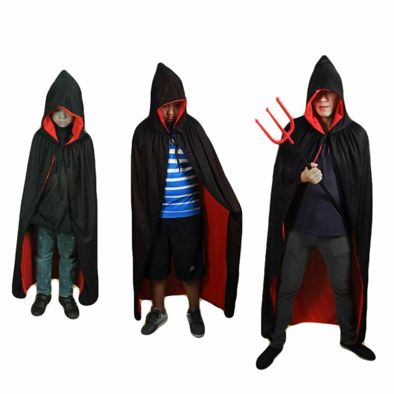 Adult Kids Halloween Witch Wizard Cloak Reversible Double Layer Death Vampires Devil Hooded Long Cape Cosplay Costume