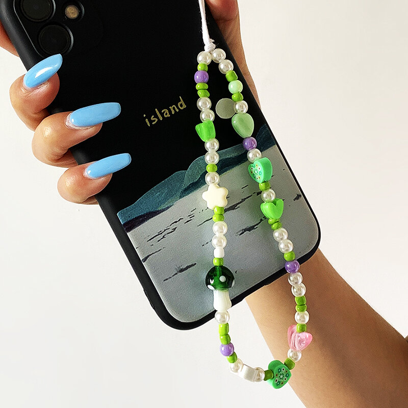 Green Mushroom Heart-shaped Phone Chain flower Women Soft Pottery Beaded Mobile Strap Phone Charm Girl Anti-Lost Lanyard Jewelry