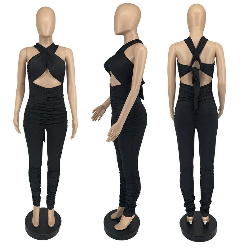 Sexy Black Bandage Jumpsuit Women Hollow Out Cross One Piece Strap Rompers Fitness Bodycon Bodysuits Party Outfit Clubwear