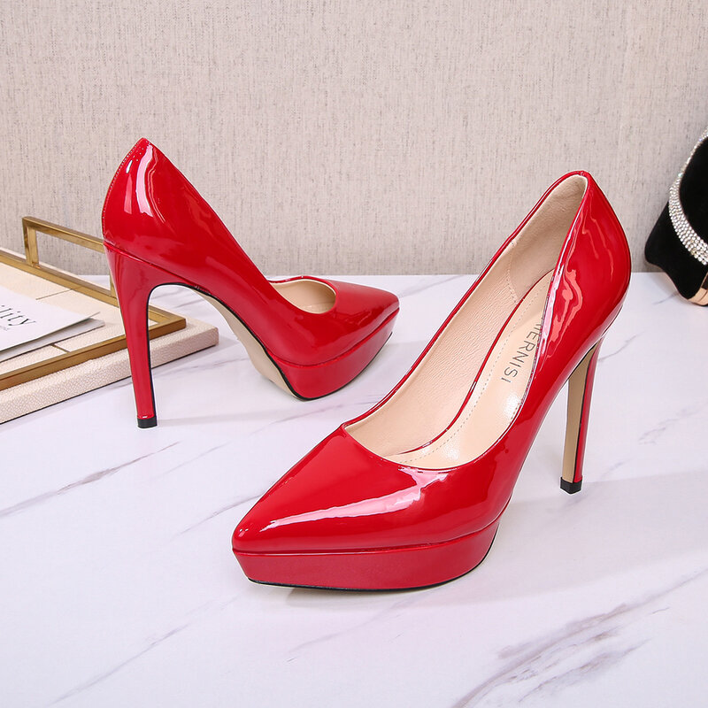 Frauen Pumpt Schuhe High Heels 12mm Plattform Stiletto Büro Dame Spitz 2021 Designe Mode Hochzeit Kleid Party Rot heels
