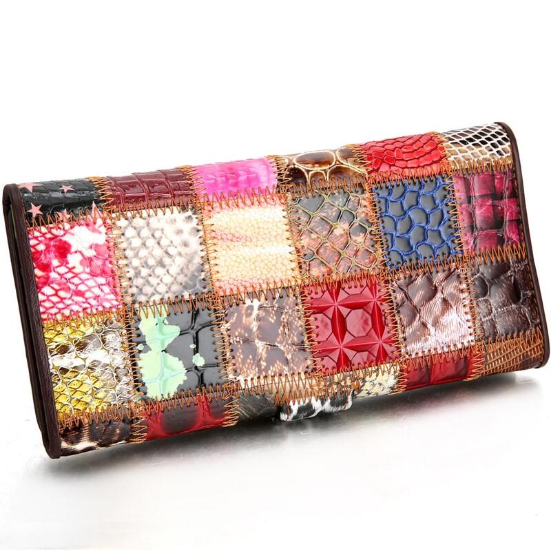 Women's Wallet Colorful Genuine Leather Long Clutch Wallets Female Coin Purse Card Holder Fashion Designer Panelled Cash Bags