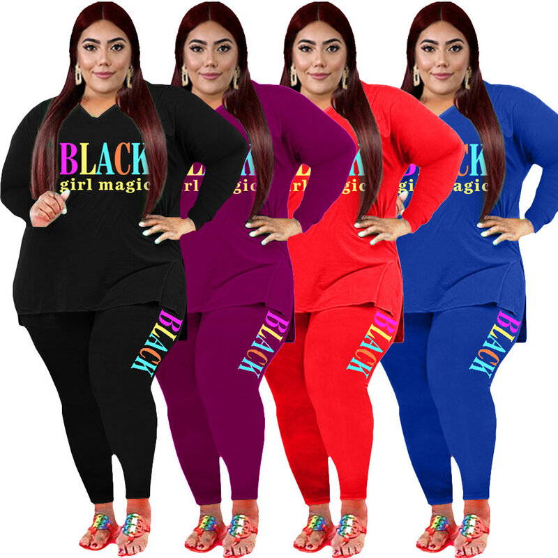 HAOOHU dresy kobiety odzież Plus Size jesień 2021 moda bluzki z dekoltem w kształcie litery "V" wzór w napisy elastyczność 2 sztuka zestawy Urban Casual 5XL