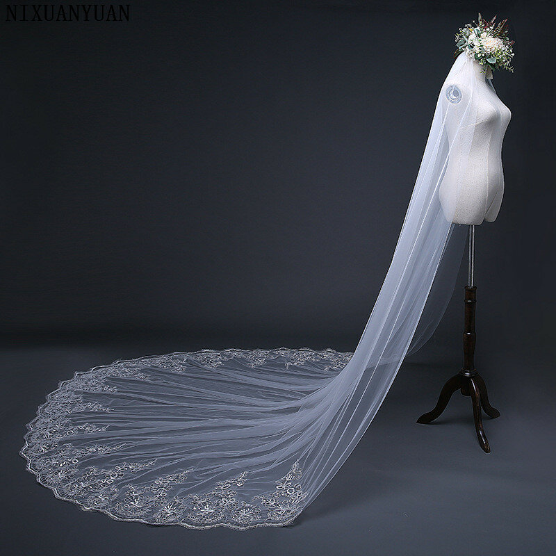 Фата свадебная NIXUANYUAN, 2022 дюйма, 300 см, однослойная, с кружевной каймой, цвета слоновой кости
