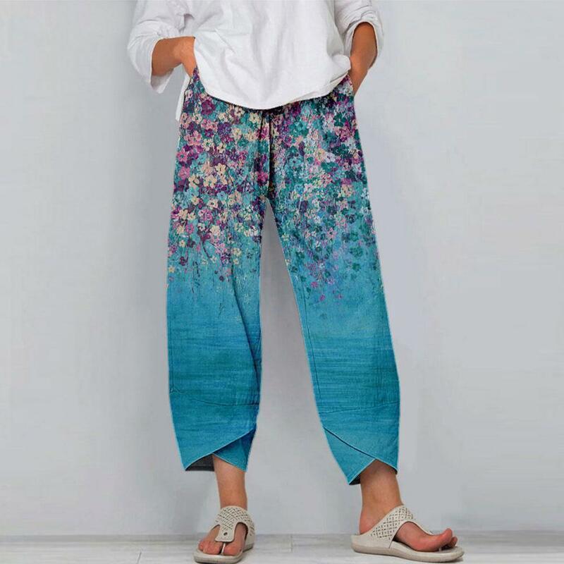 Летние повседневные Прямые свободные женские брюки, модные праздвечерние брюки со средней талией и принтом, широкие брюки E0x7