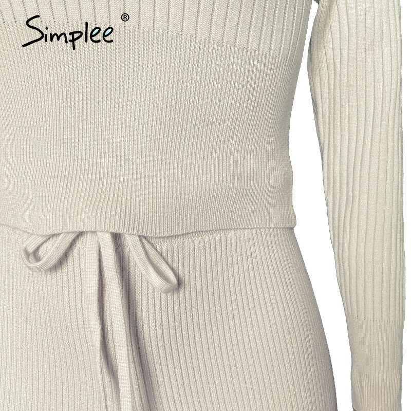 Simplee terno feminino gola redonda, conjunto de agasalho de tricô listrado para casa, duas peças brancas, quente para outono, gola redonda, manga comprida