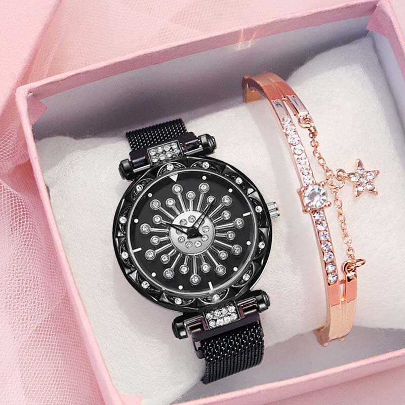 Reloj de lujo con esfera de cielo estrellado para mujer, relojes de diamante, reloj de cuarzo informal + pulsera, Zegarek Damski