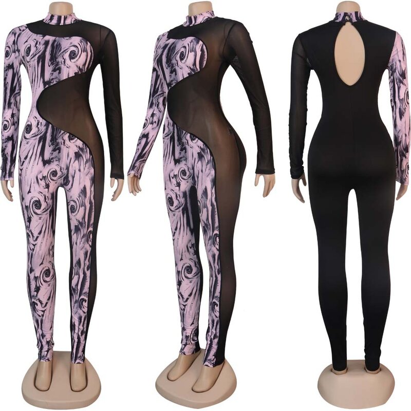 Monos sexys para mujer, trajes con estampado de leopardo de Costura de malla, ajustados, ropa de discoteca para mujer 2021