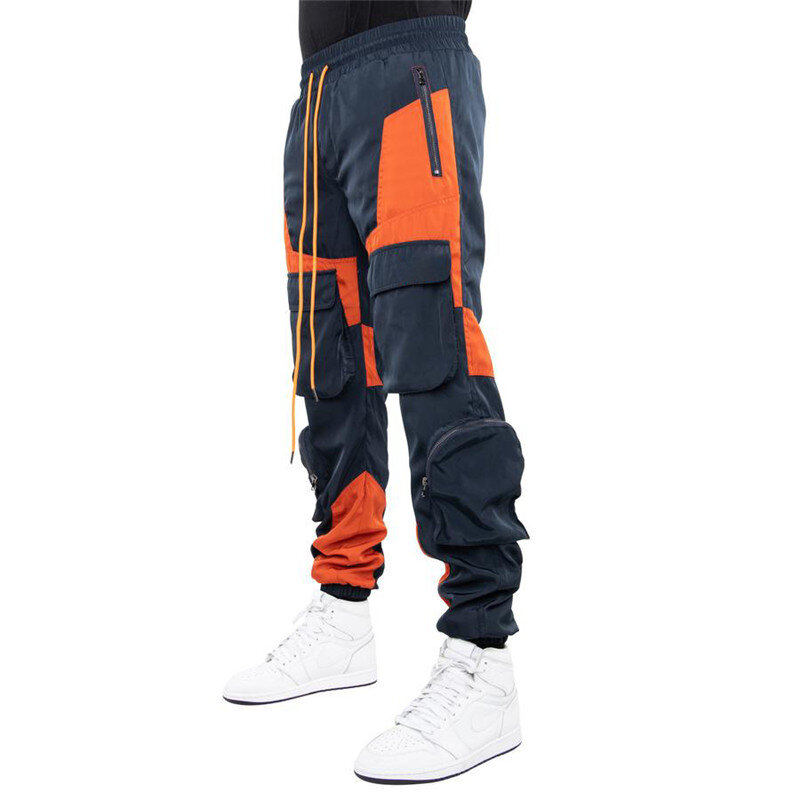 Men's new multi-pocket tooling pants trousers woven stitching and color matching beam mouth sports pants casual pants