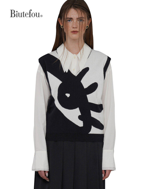 【Biutefou】Original Design 2022 Winter Women Modern Art Illustration V Neck Sleeveless Sweater