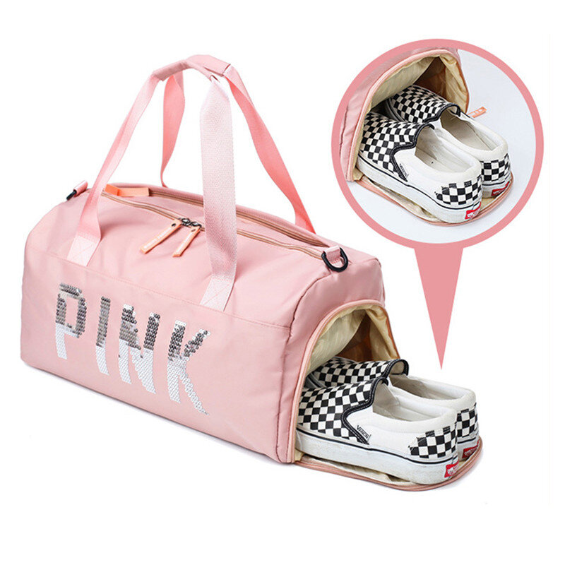 PINK Travel Duffel Bags Shoulder Weekender Overnight Bag For Women, Sports Gym Bag Tote Yoga Dry Wet Separation Shoes Bags