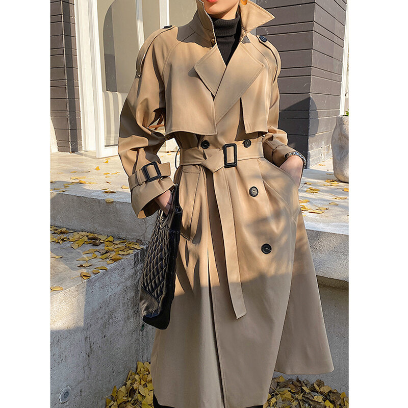 Elegante Trench da donna con colletto rovesciato 2021 cappotto antivento allentato con cintura a maniche lunghe da donna in stile britannico invernale