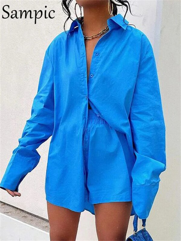 Sampic Women Blue Suit 2022 Casual Loose Long Sleeve Shirt Summer Tops And Mini Shorts Fashion Tracksuit Two Piece Set Outfits