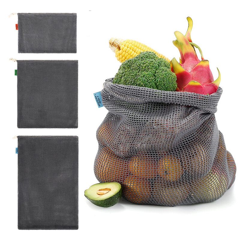 Bolsa de malla de algodón reutilizable bolsas de verduras Eco Produce bolsa de malla de algodón bolsa de almacenamiento de verduras reutilizable bolsas de la compra con cordón