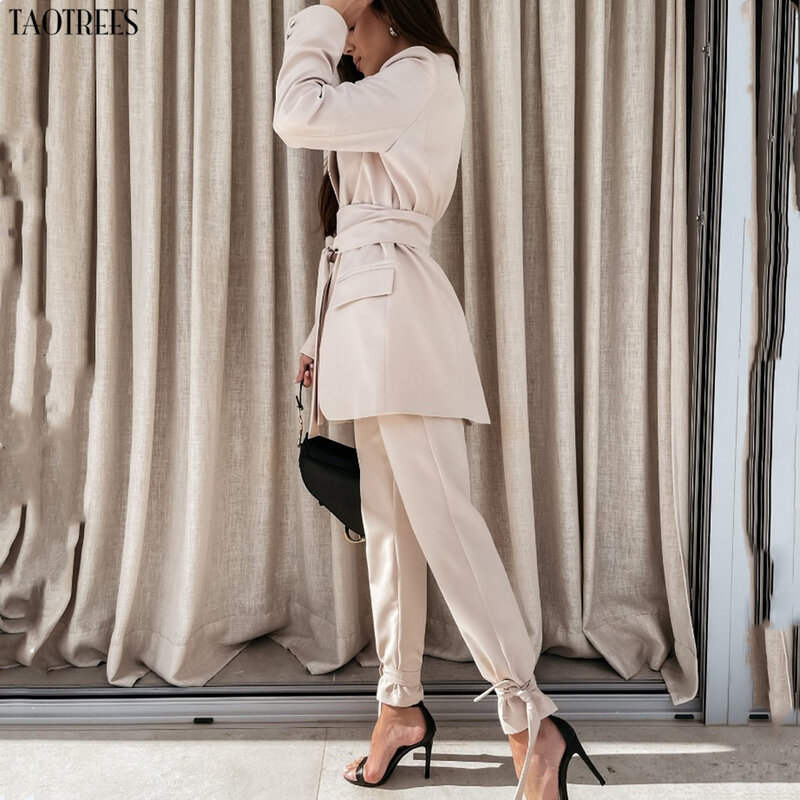 Taotrees Women office Pant Suit Full Sleeve Wear a belt Blazers Jacket+ Long Pant Two Pieces Set Lady Outfits Work Clothes