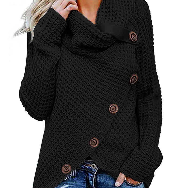 女性用ニットセーター,長袖,タートルネック,ボタン付き,不規則な裾,ルーズフィット,秋の服,S-5X