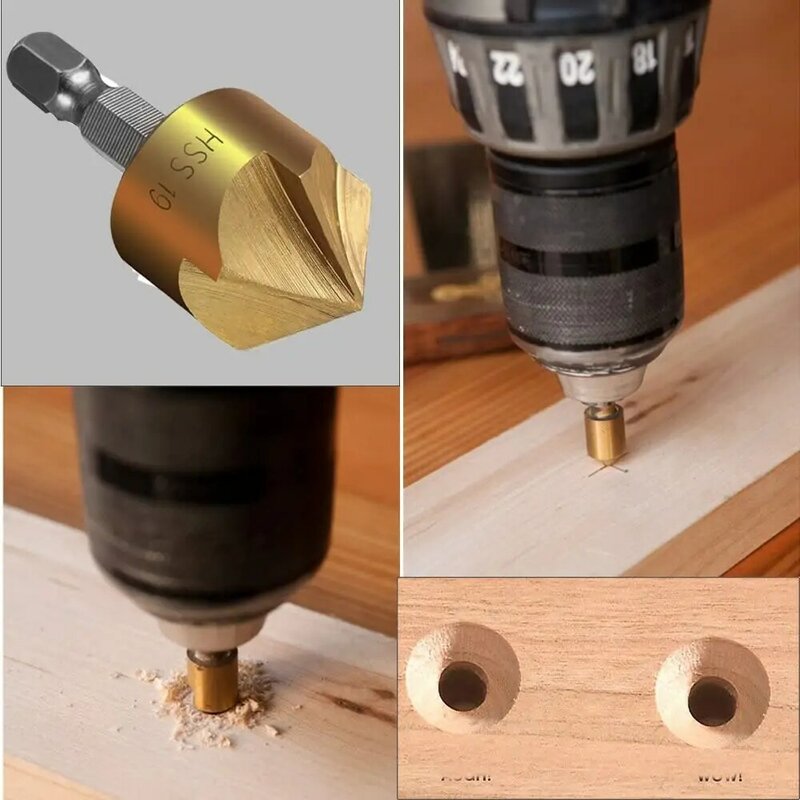 8PCS Wood Plug cutter,6pcs 1/4" Hex 5 Flute 90 Degree Countersink Drill Bits,7pcs Three Pointed Countersink Drill Bit with L-wre