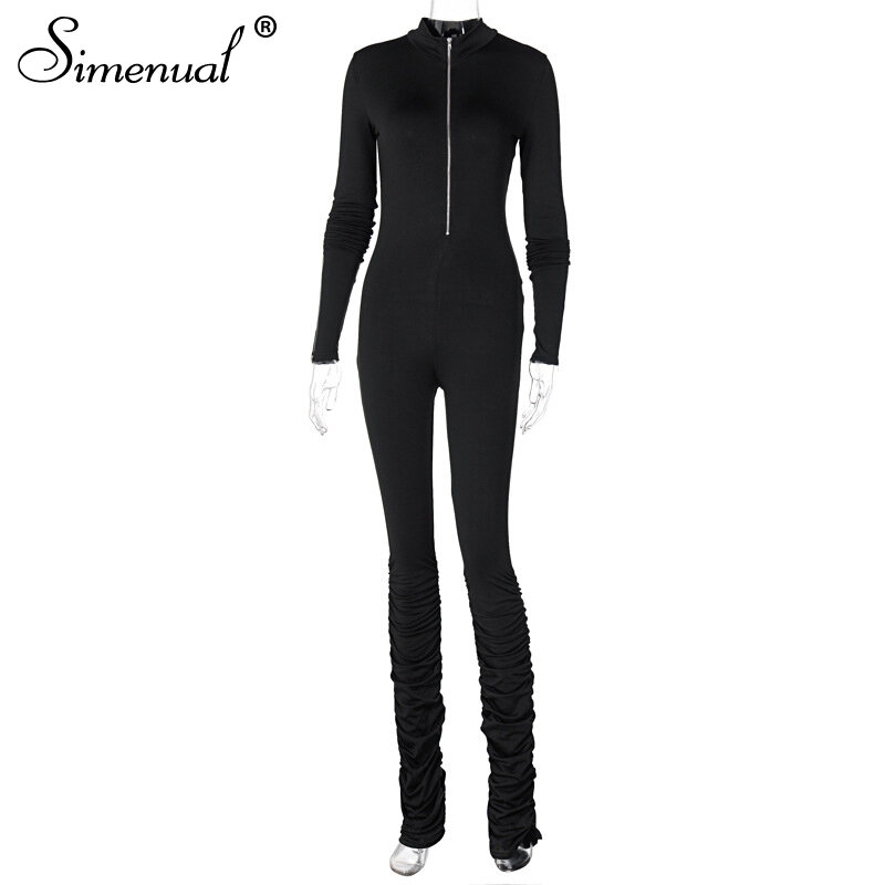 Simenual 지퍼 검은 쌓인 바지 Jumpsuits 긴 소매 캐주얼 Bodycon 스포티 한 운동 패션 Rompers 여성 Jumpsuit Ruched