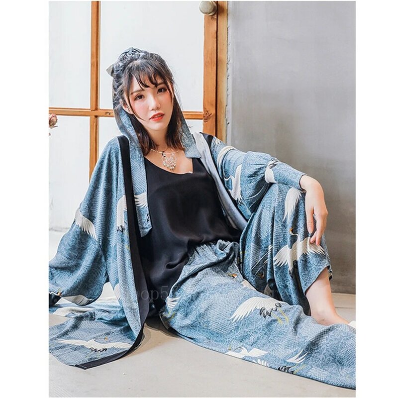 Ukiyo-e Gaun Kimono Jepang Derek Wanita Vinatge Yukata 3 Buah Mantel + Atasan + Celana Piyama Setelan Haori Samurai Harajuku Pakaian Asia
