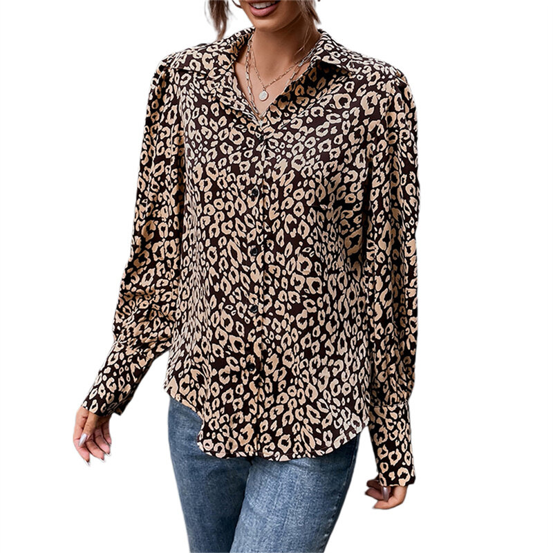 Hirigin-Blusa con estampado de leopardo y cuello en V para mujer, camisa de manga larga con botones, informal, elegante, para otoño, 2021