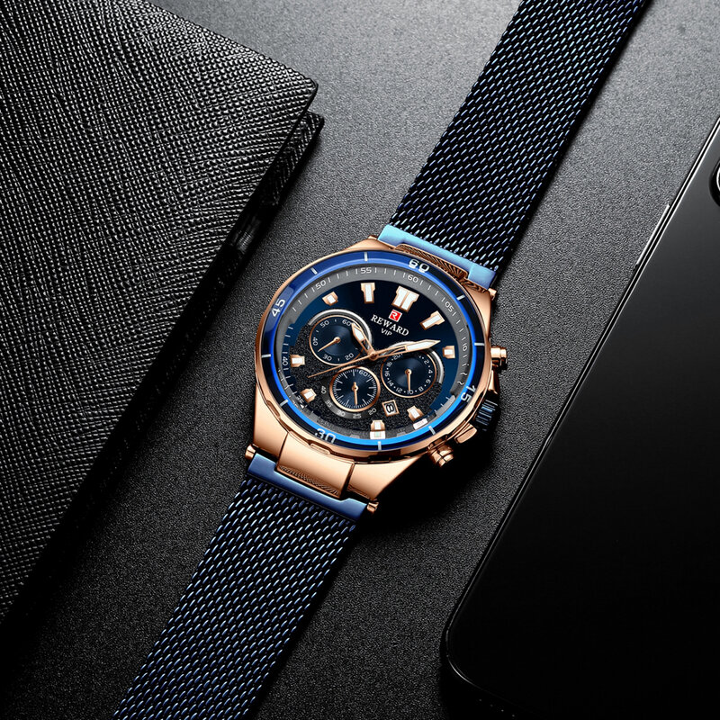 Reloj de cuarzo deportivo para hombre, cronógrafo de acero inoxidable, color azul, a la moda, marca de lujo, recompensa, oro rosa