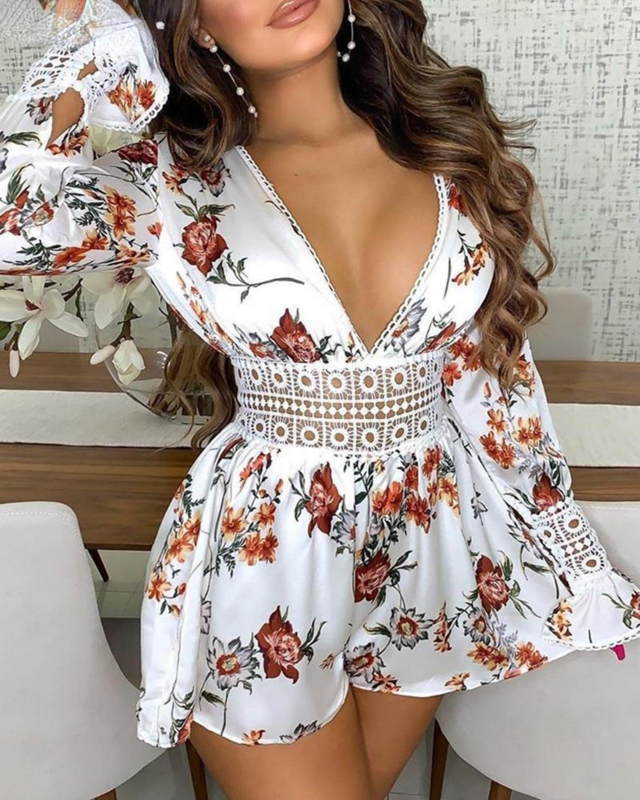 Women Summer Hollow Out Backless Rompers Plunge Floral Print Long Sleeve Playsuits