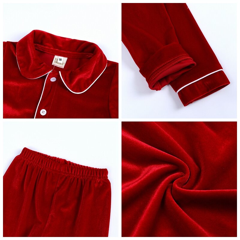 2021 Kids Christmas Pyjamas Sleepwear Clothes Winter Toddler Girl Red Ruffle Full Sleeve Velvet Soft Sleepsuit Boys Clothing Set