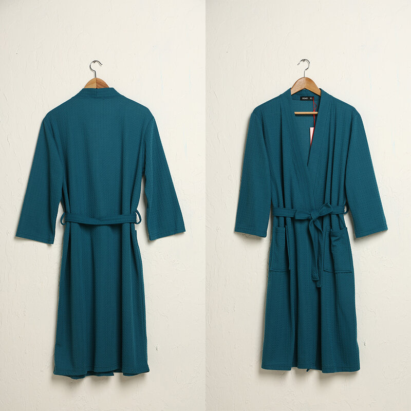 Mantel Mandi Panjang Wafel Pria Musim Semi Musim Gugur Handuk Mode Cepat Kering Menyerap Air Ukuran Plus 3XL Gaun Ganti Pasangan Kimono