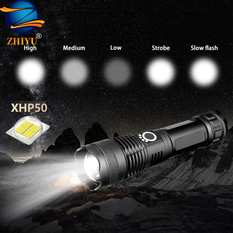 Xhp-lanterna superpotente com zoom usb 50.2, 5 modos, bateria 18650 ou 26650, melhor lanterna para acampamento ao ar livre, à prova d'água,