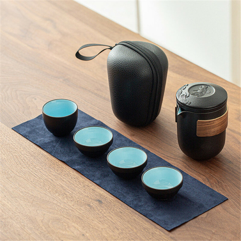 Teteras de cerámica negras para el hogar, portátil 2 tazas de viaje con juego de té, juego de té para la oficina, vajilla china, té de Kung Fu, bolsa de té de flores