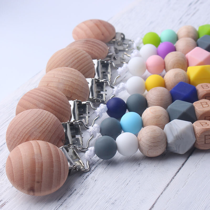 Personalized Pacifier Clip Handmade Baby Name Silicone Teething Beech Wood Chew Beads holder for pacifier clips Dummy Chain