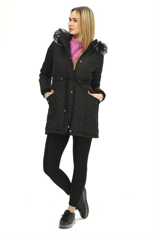 Women's Shirred Hooded Black Coat