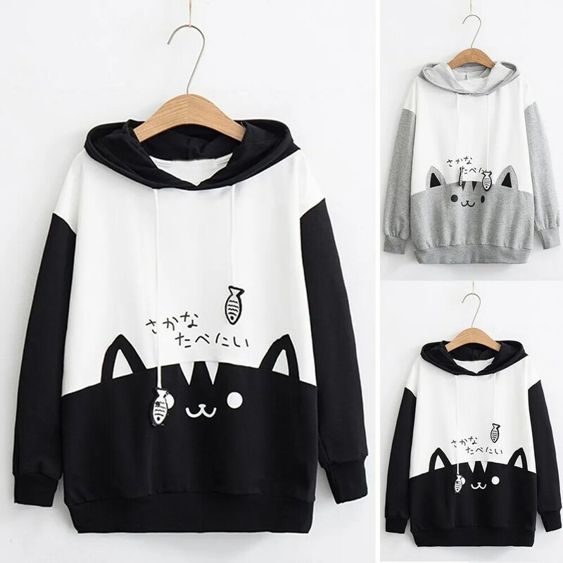 Outono inverno feminino sweatershirt hoodies preto algodão casual manga longa kitty gato impressão bolso fino blusa com capuz camisa superior