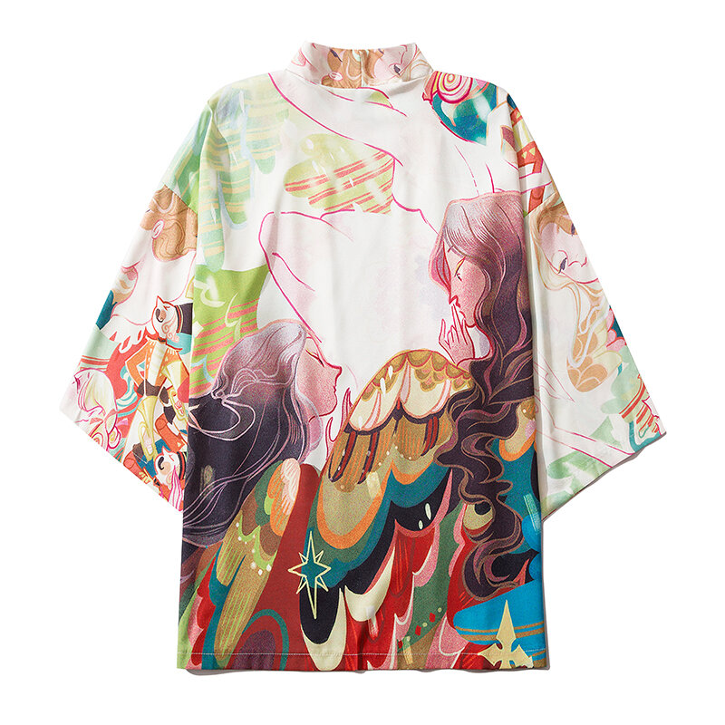 Yukata Kimono Pakaian Longgar Gambar Haori Kardigan Kasual Wanita Pria Kemeja Streetwear Oversize 2XL Кий Она Стила