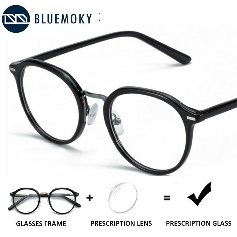 BLUEMOKY Asetat Kacamata Resep Bulat Bingkai Wanita Pria Sinar Biru Kacamata Fotochromic Optik Miopia Kacamata Progresif