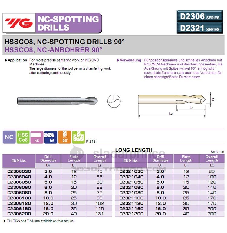 Corée YG HSSCo8, forets de NC-SPOTTING 90 degrés 2mm 3mm 4mm 5mm 6mm 10mm foret de tungstène Cerbide Angle de pointe 90 cncLathe